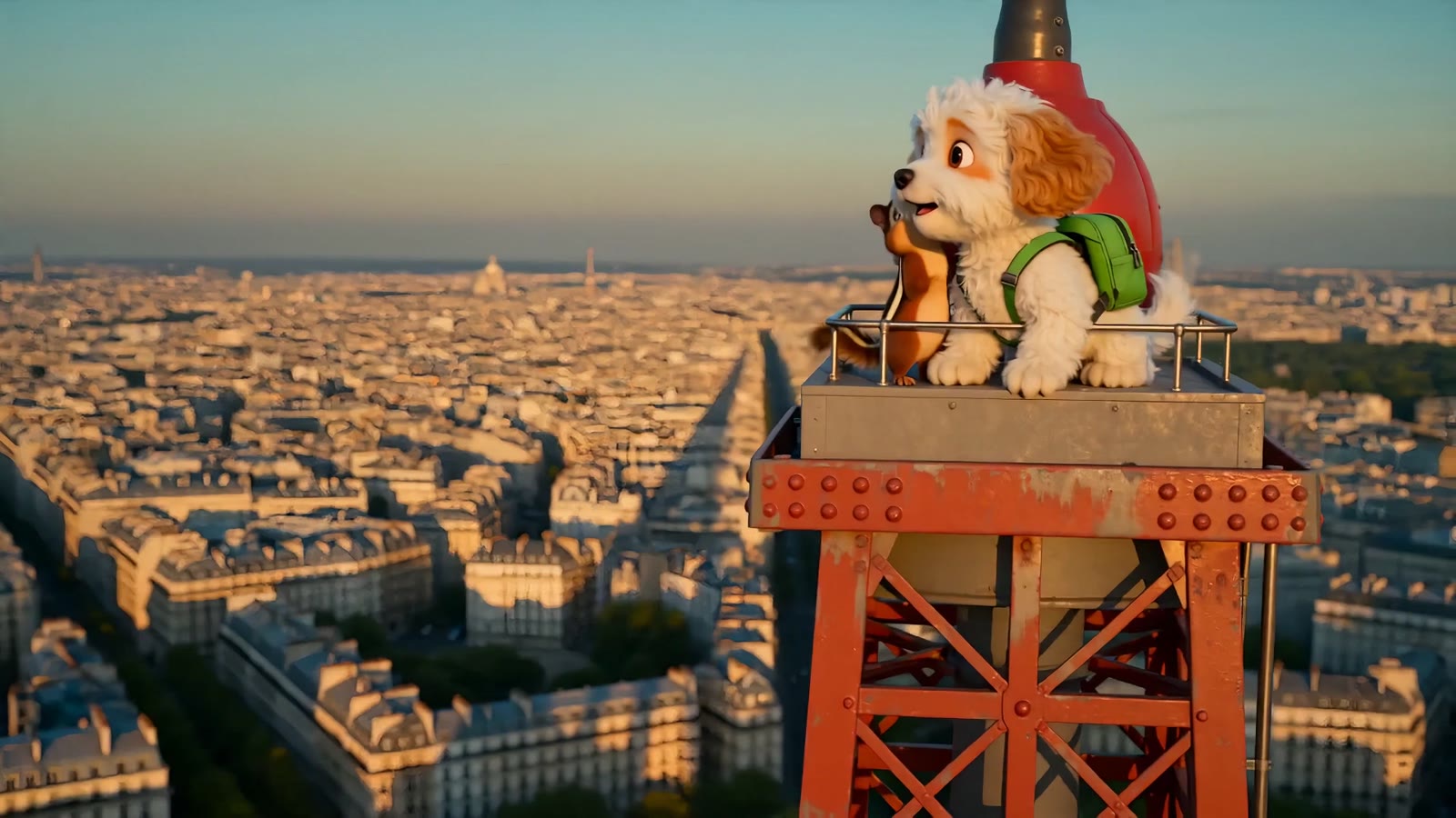 Lucky the puppy and Lily the chipmunk at the top of the Eiffel Tower, looking out over golden-hour Paris